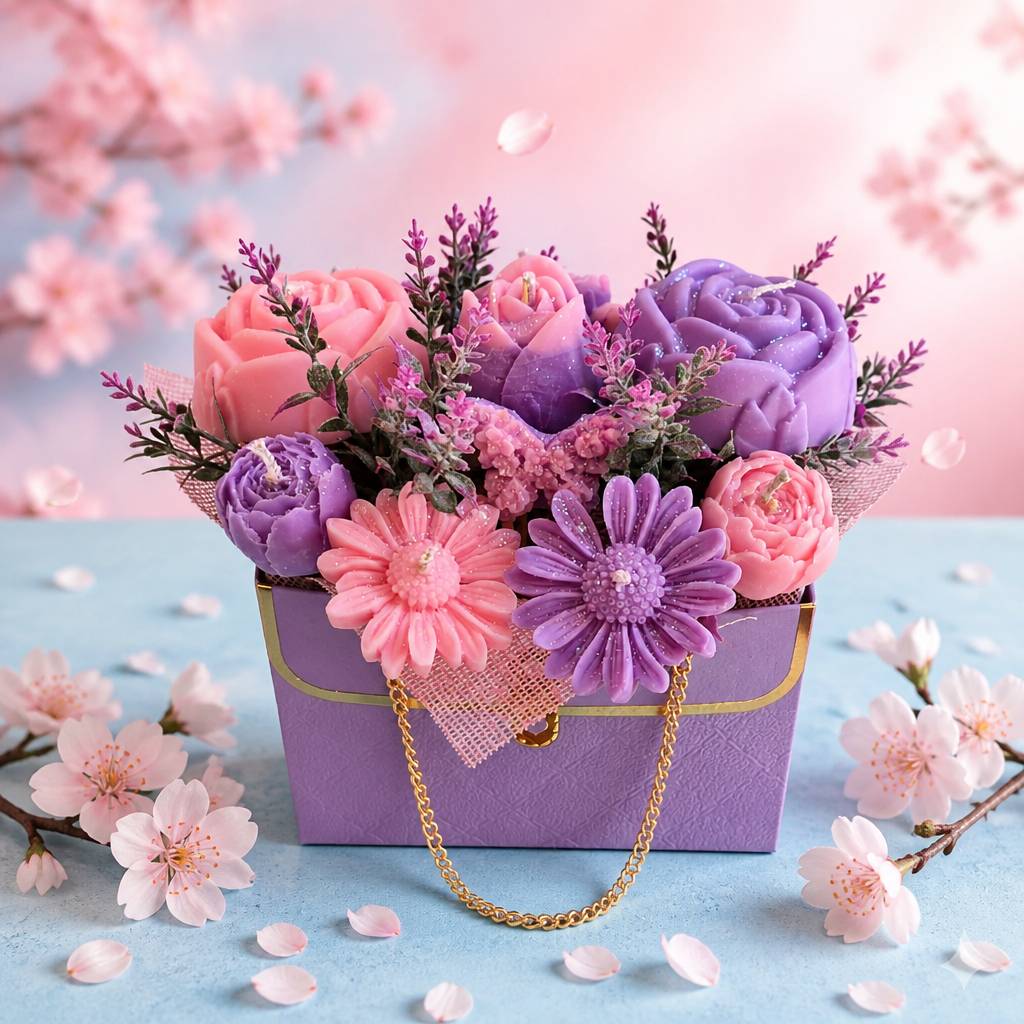 Pink & Purple Bloom: Ανθοδέσμη Κεριών σε Μωβ Τσαντάκι
