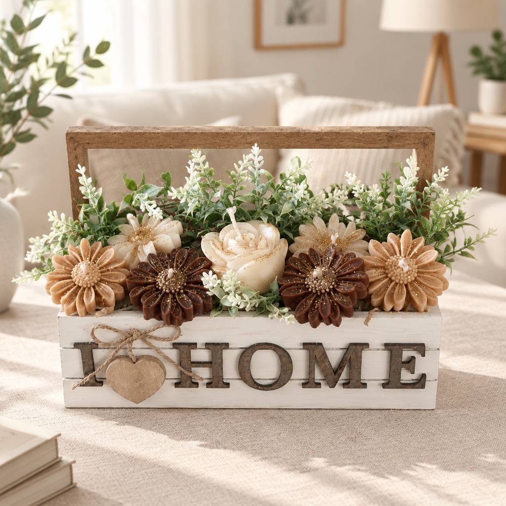 «I ❤️ HOME» – Ξύλινη Διακοσμητική Κασέλα με Κεριά & Πρασινάδα